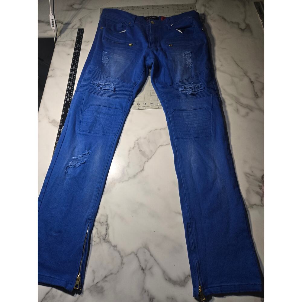 Makobi Biker Denim Royal Blue Heavily Distressed Mens Jeans Size 36 Blue